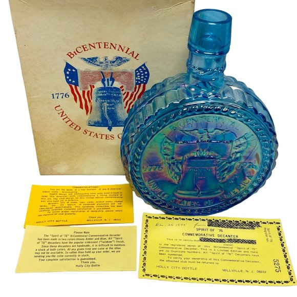 Limited Edition Bicentennial Spirit of 75 Blue Glass Decanter Bottle Holly City - Picture 1 of 14